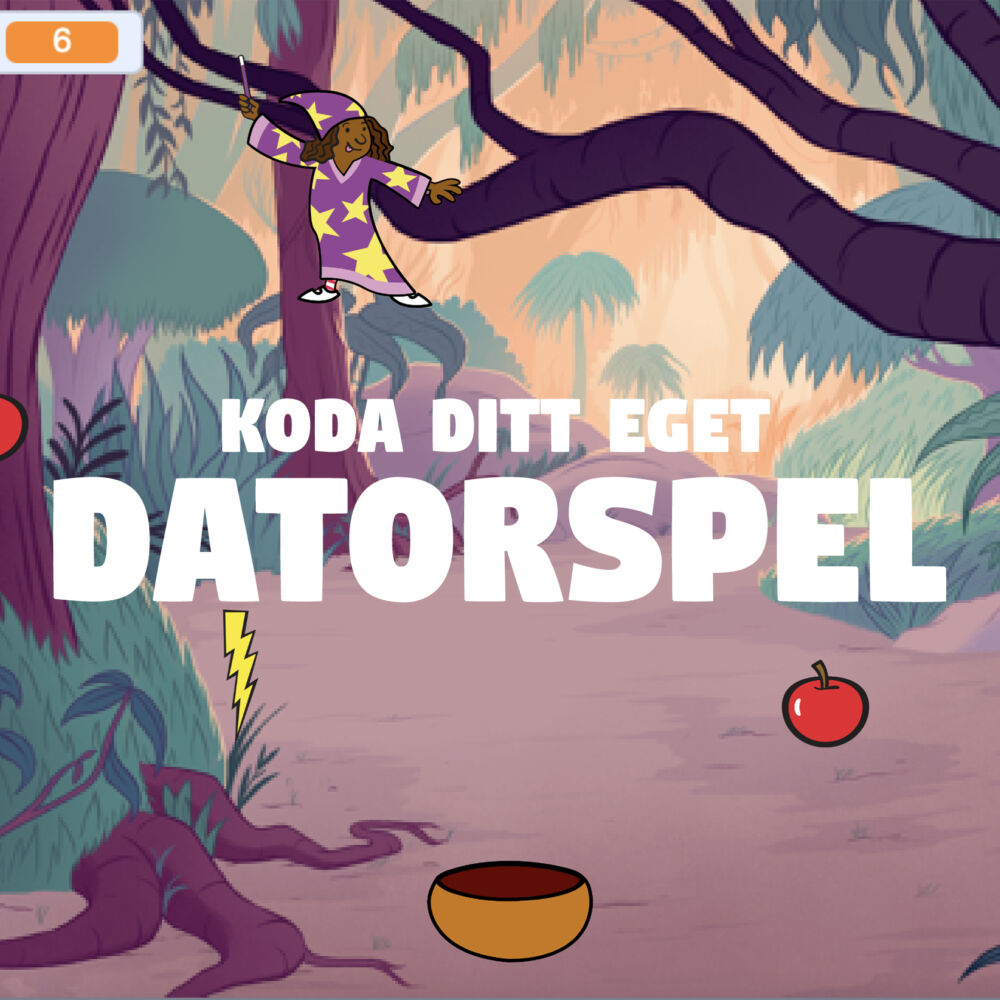 en tecknad bild på djungel med text framme: Koda ditt eget datorspel