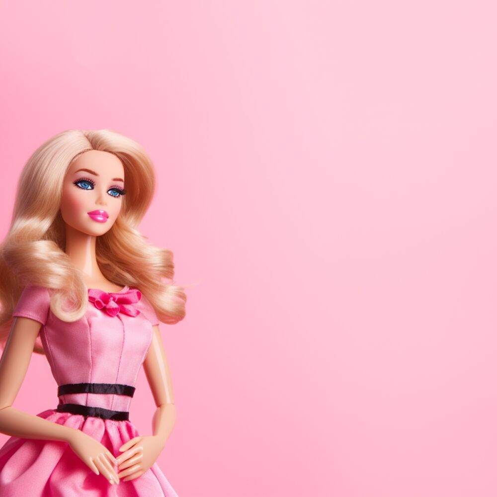 barbie docka i en rosa klänning och blond hår, mot rosa bakgrund