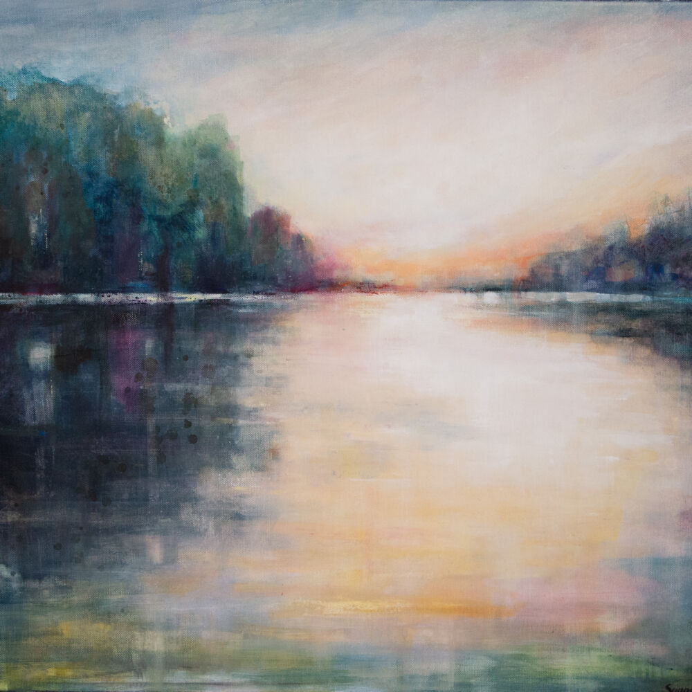 konstverk föreställande en sjö och en himmel