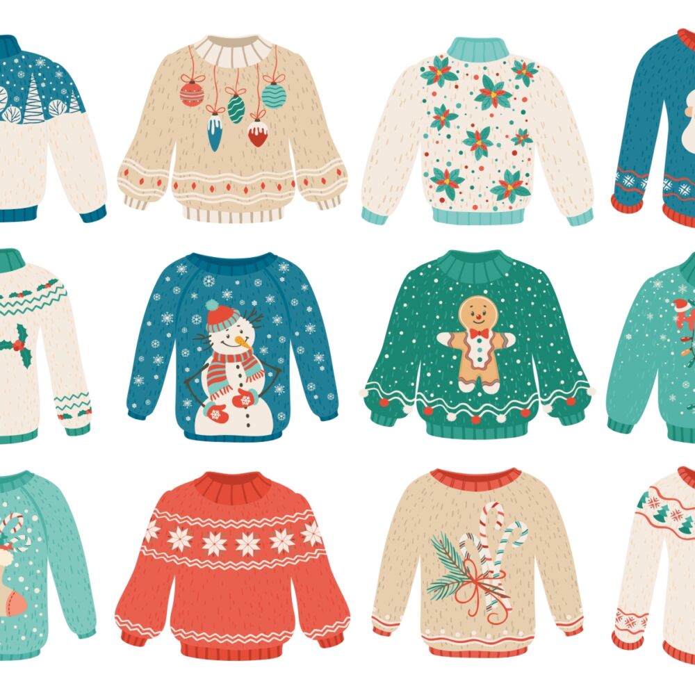 en bild med tecknade jultrojor i olika färger och mönster