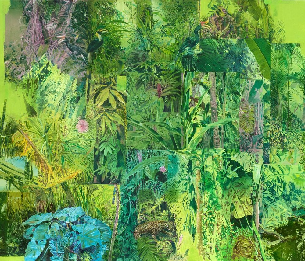 Grön oljemålning av en djungel
