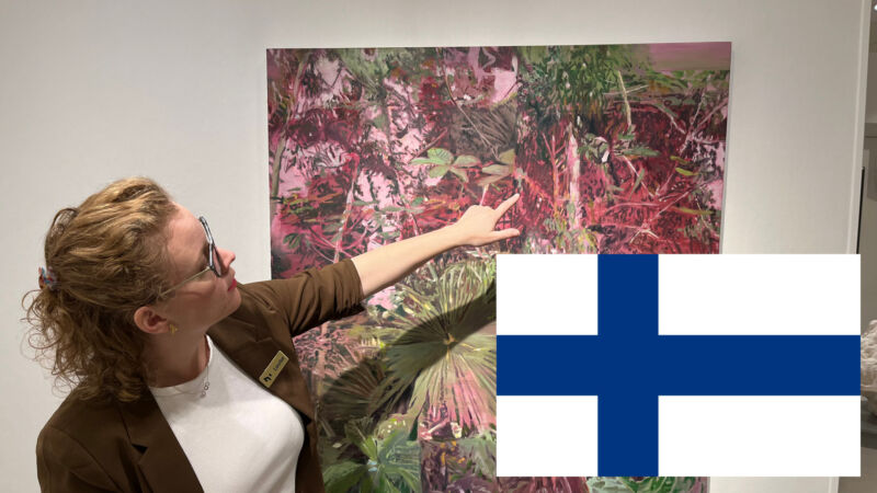 En person pekar på en målning. en vit/blå finsk flagga.