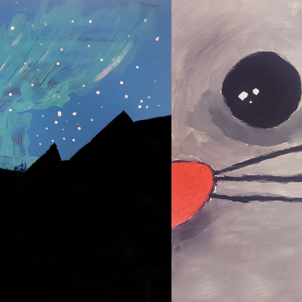 Tavla ,med motiv som liknar ett berg och en katt