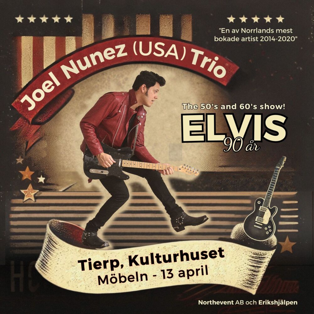 Affisch med tecknad bild av En man med gitarr och text om en konsert