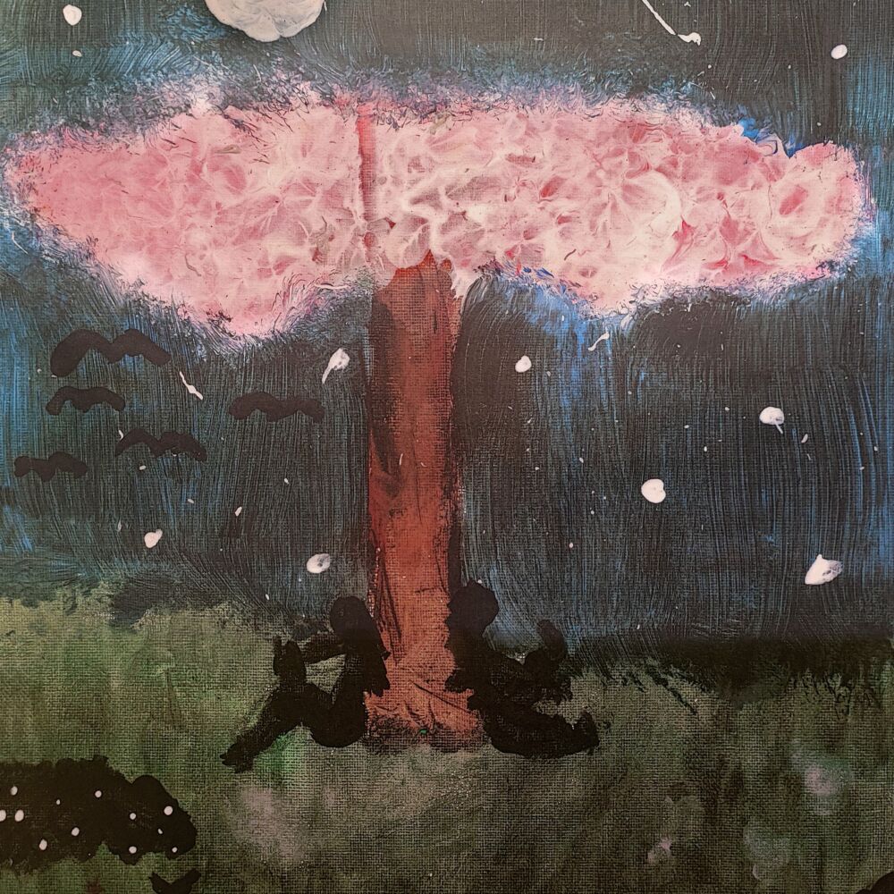 Målning av ett träd och en måne