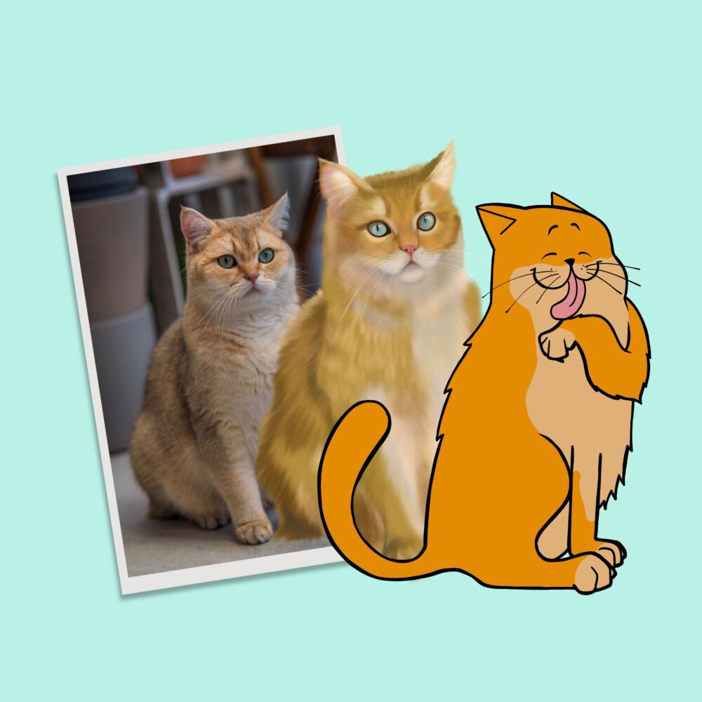 tre olika katter: en bild på en ljus brun katt, digitalt bearbetad bild, tecknad katt