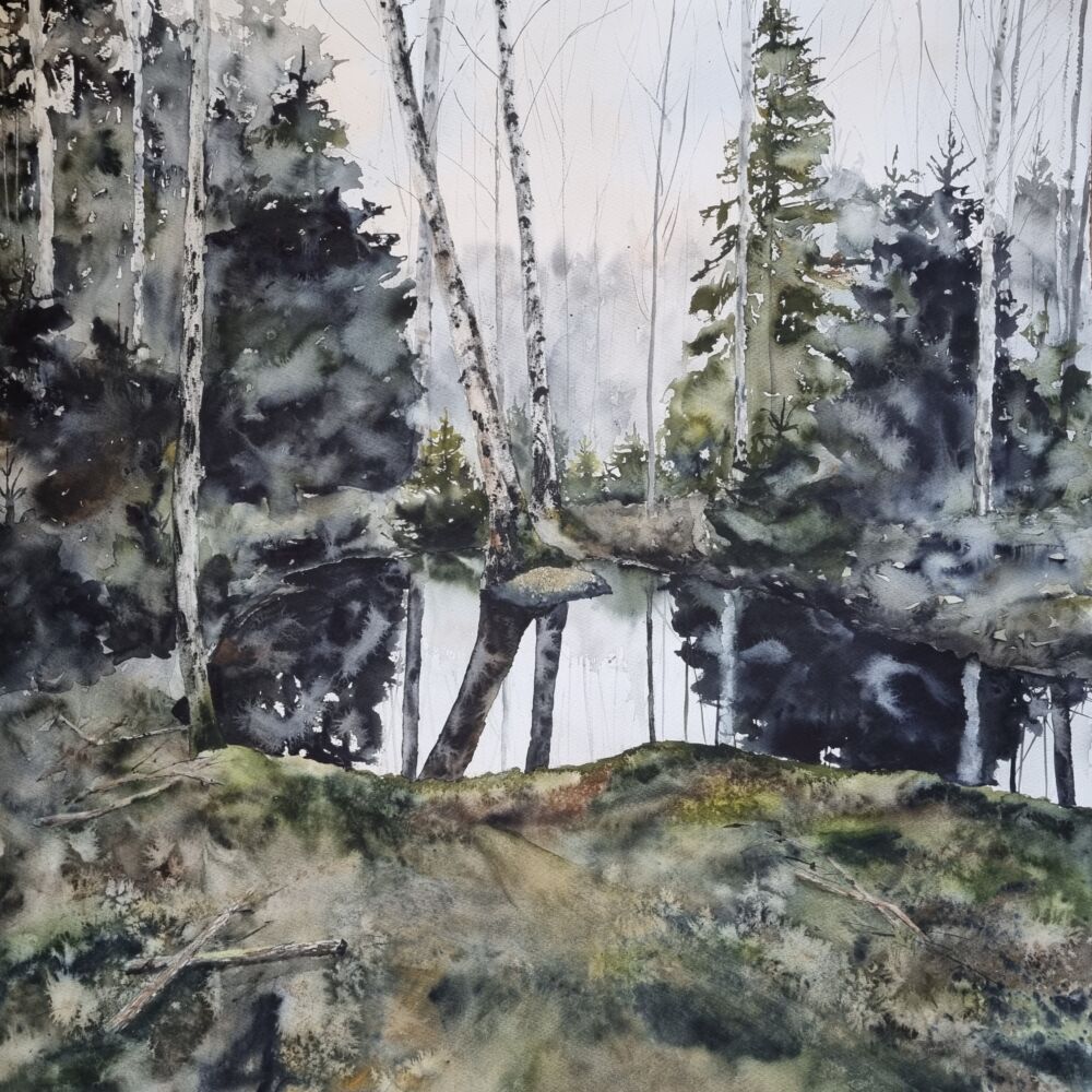 Akvarellmålning med skogsmotiv