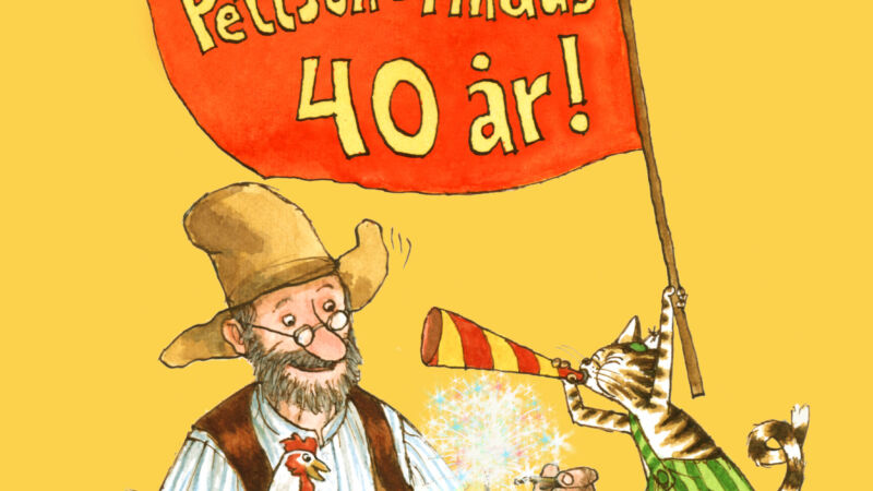 en tecknad bild på Pettson och Findus som håller en röd flagga med text: 40 år