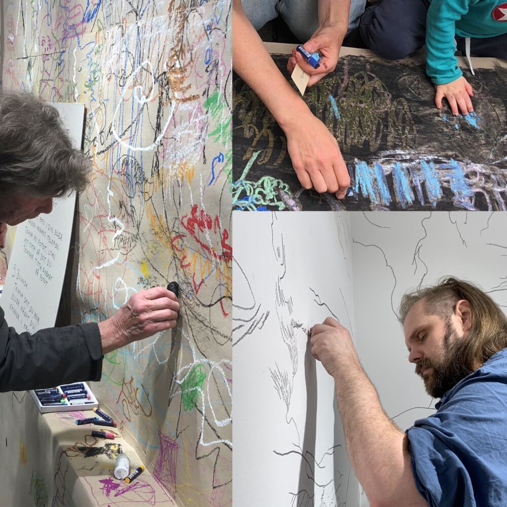 en kollage av bilder som visar olika människor som ritar