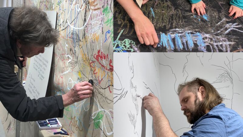 en kollage av bilder som visar olika människor som ritar