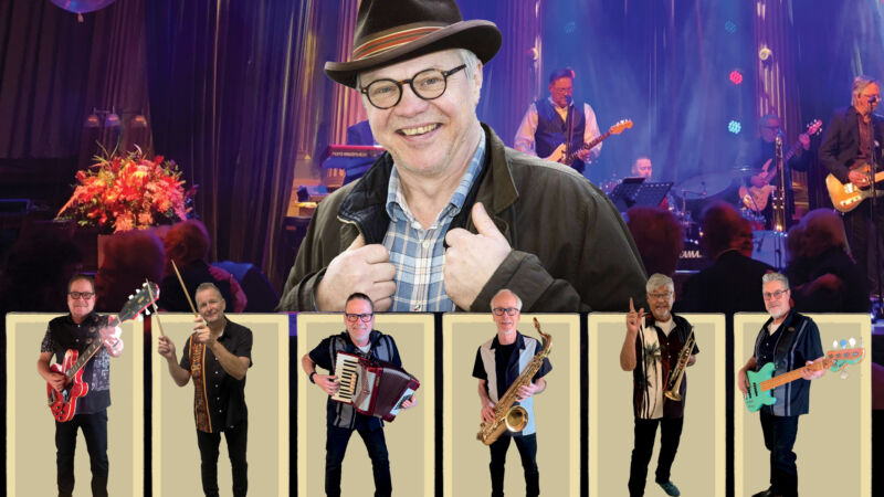 Bild med män med olika instrument. De spelar i ett band.