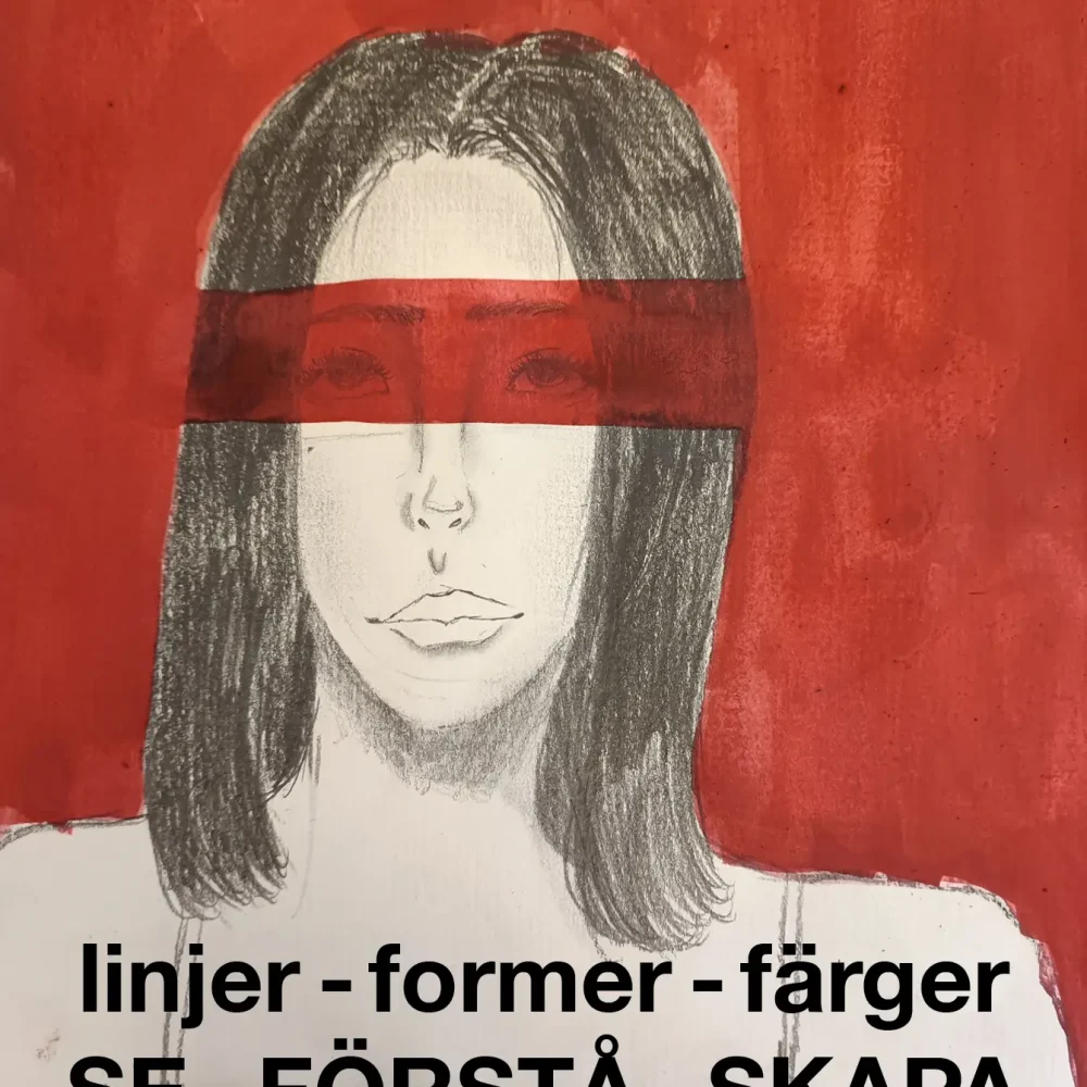 Tecknad bild på en kvinna med röd bakgrund och text i bilden om den utställning