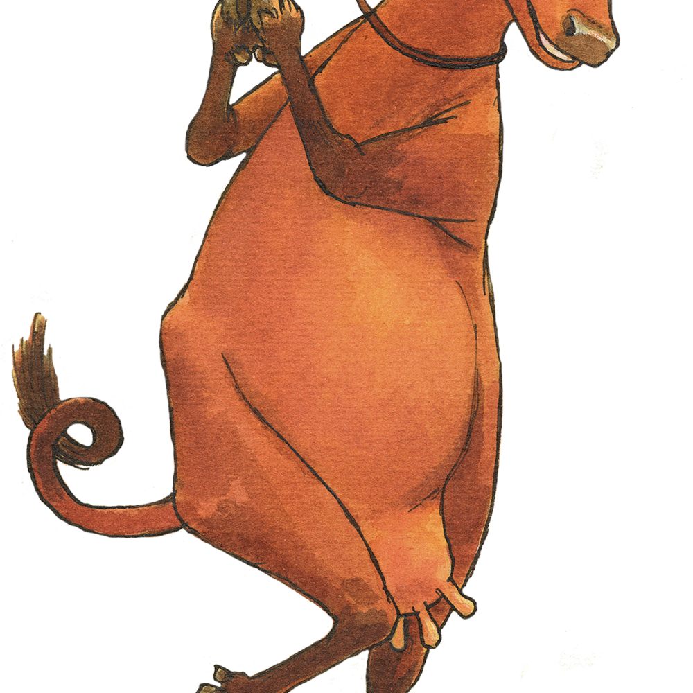 En tecknad ko som kallas Mamma Mu, dansar