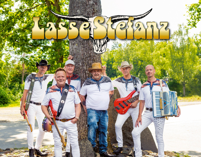 Bild på sex män med instrument. Ett dansband.
