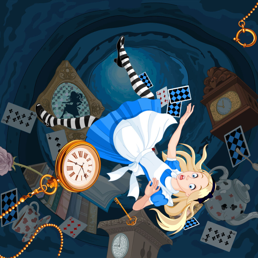 Tecknad flicka som ramlar ner i ett hål med spelkort och en klocka.