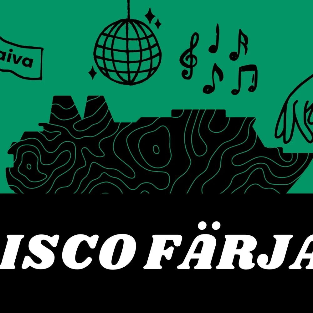 Logotyp med en båt där det står Discofärjan på .