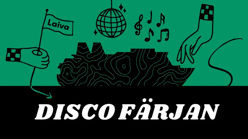 Logotyp med en båt där det står Discofärjan på .