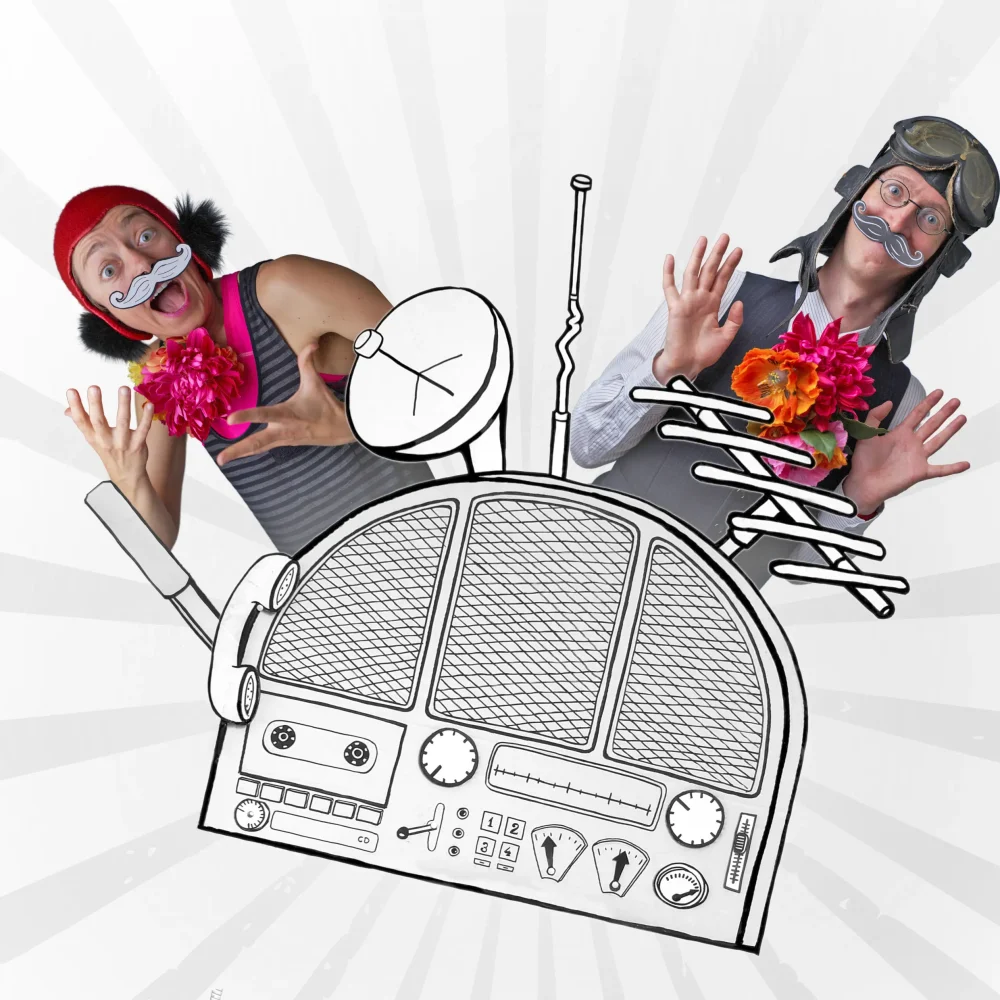 Två clowner som står bakom en tecknad radio