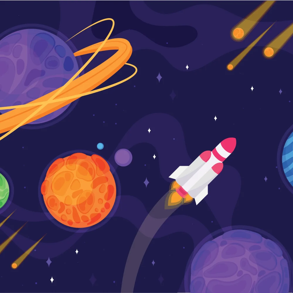 Tecknad bild på en rymdraket och planeter