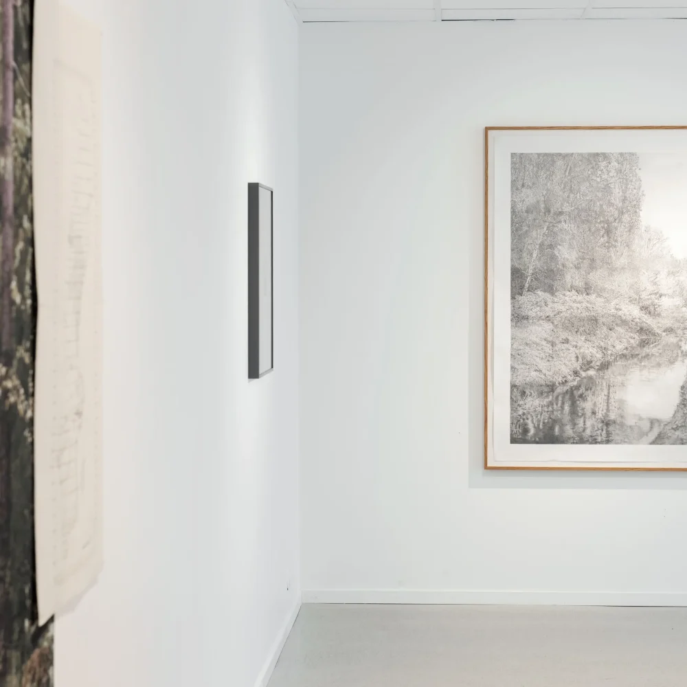 Inramat svartvitt fotografi av ett landskap med bäck och träd hänger på vit vägg i ett galleri. Runt omkring syns fler konstverk i en utställningsmiljö med ljusa väggar och neutral belysning.