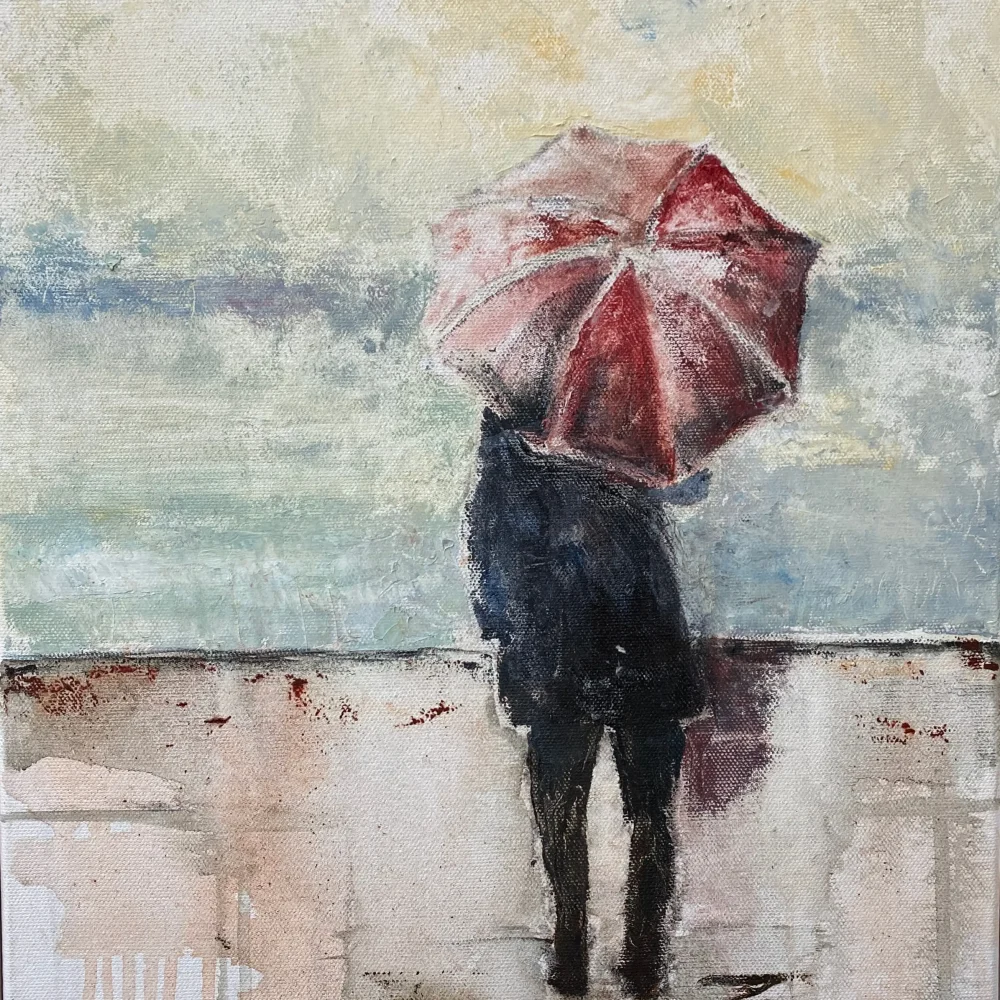 oljemålning av en person bakifrån med ett rött paraply