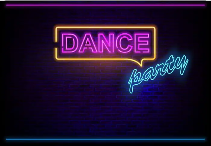 Skylt med neonfärger som det står Danceparty på