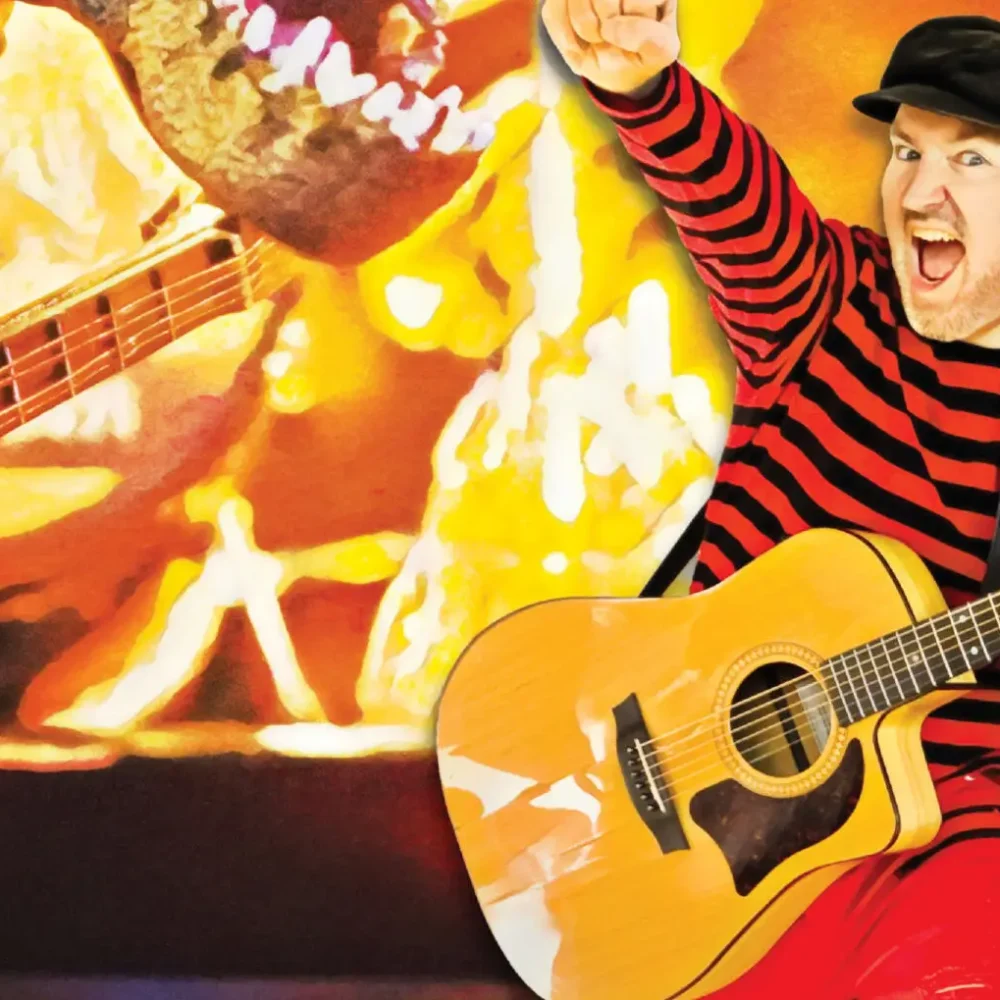 Man med gitarr och en dinosaurie . Pappa kapsyl