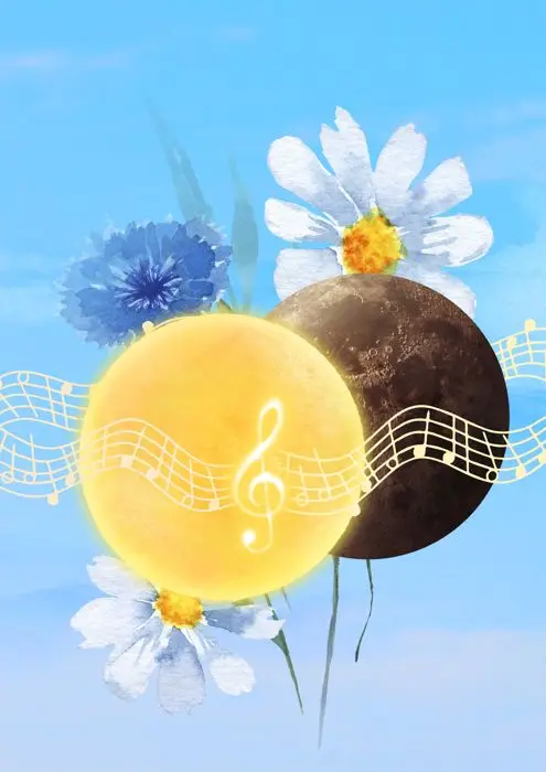 Bild på en sol och en måne med blommor i bakgrunden