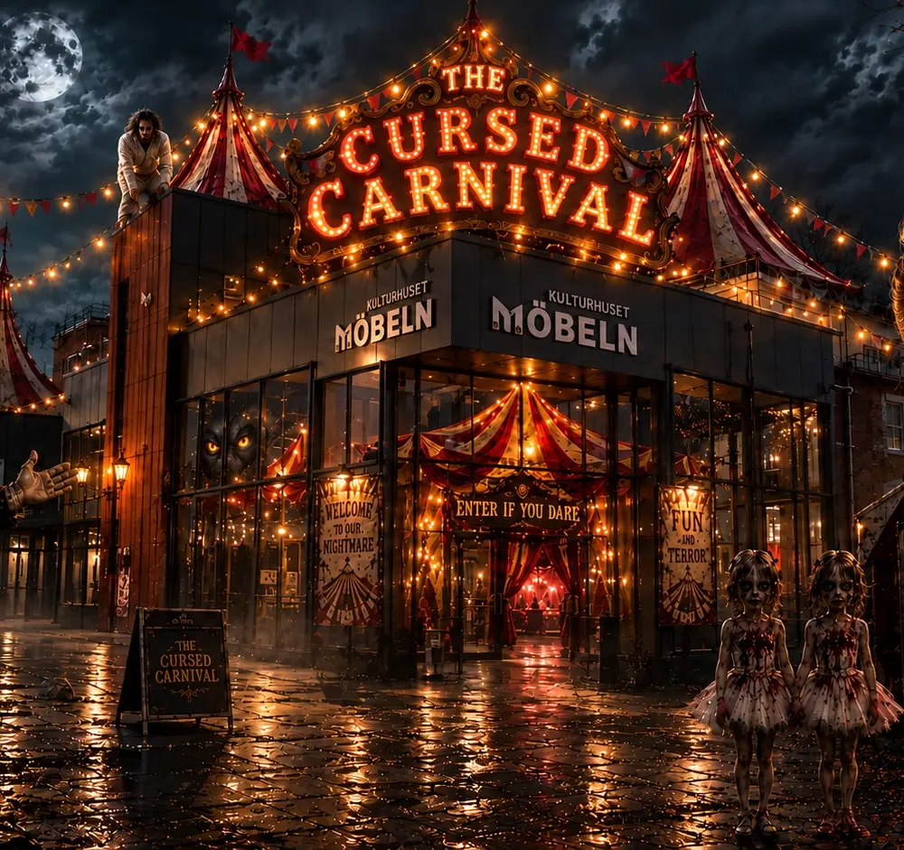 Ai generaerad bild med en skylt där det står Cirkus karneval och har en läskig stämning